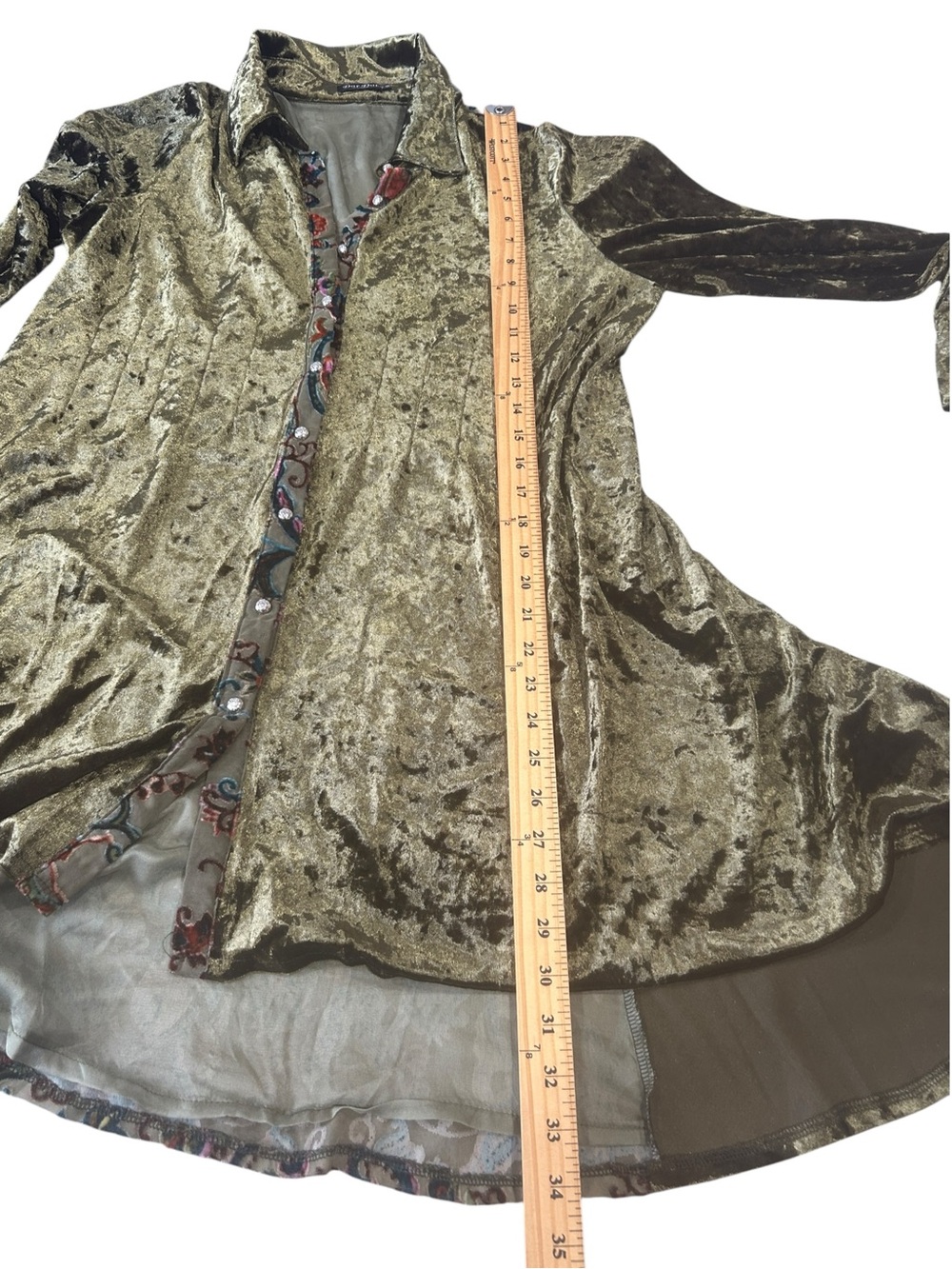 Crushed Velvet Tunic medium green  paisley Burnout sheer Whimsigoth Boho A Line - Picture 6 of 15